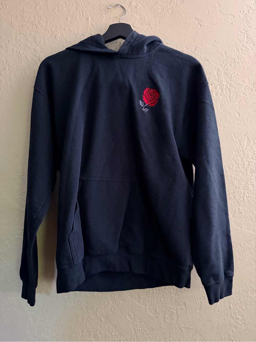 riot society Black Hoodie with Red Rose Chest Embroidery